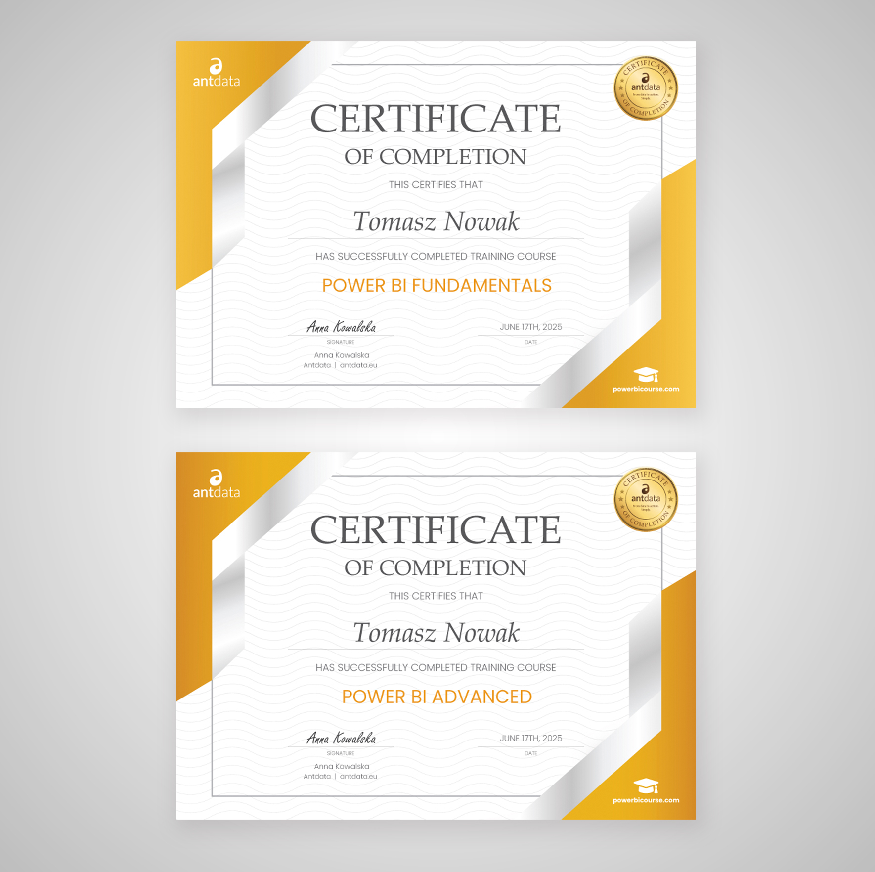 Power BI Fundamentals and Power BI Advanced training completion certificates