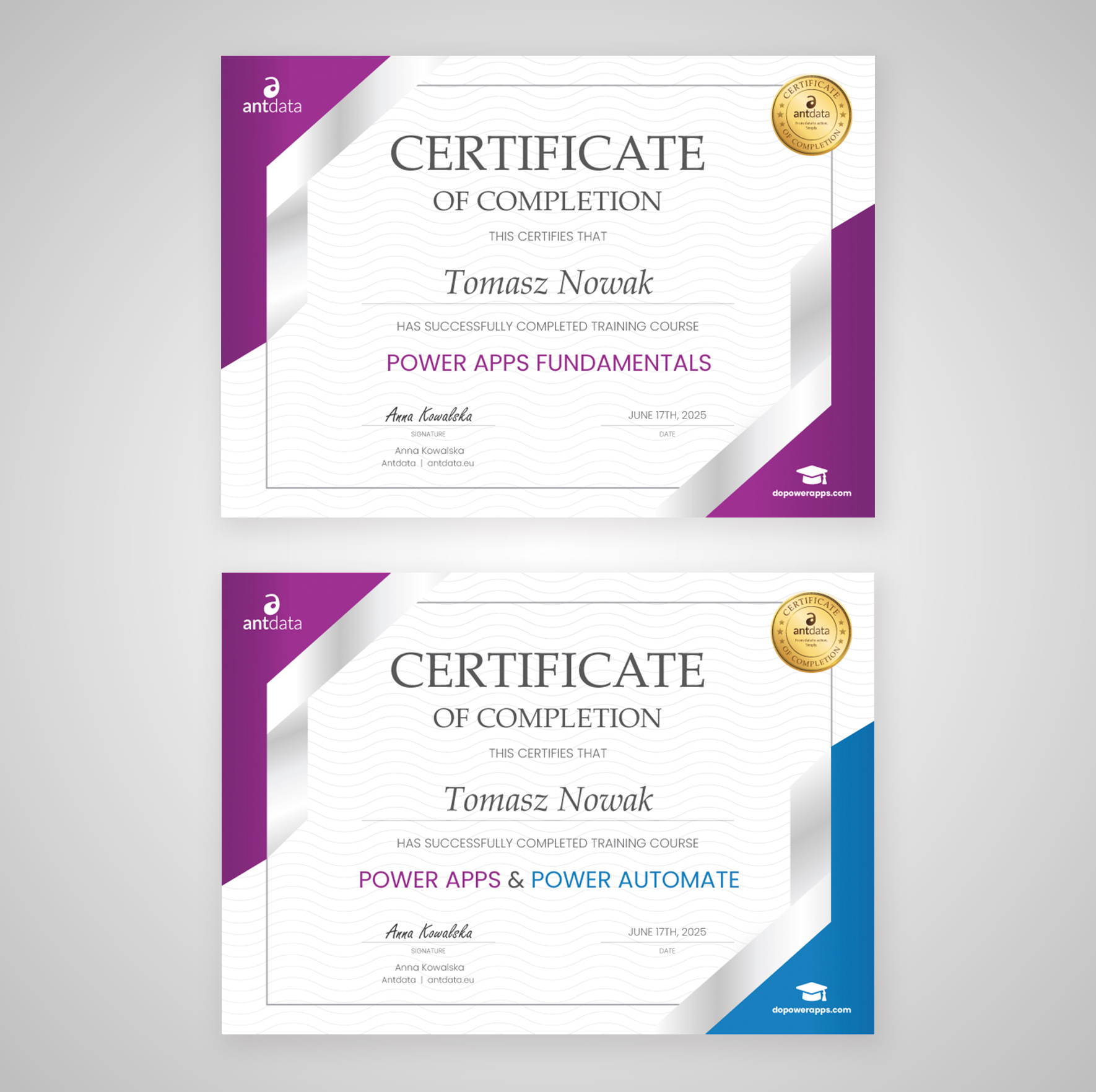 Certificates of completion for Power Apps Fundamentals and Power Apps & Power Automate training