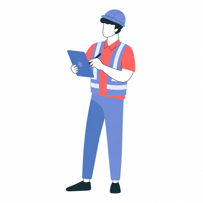 Pracownik w kasku i kamizelce obsługuje cyfrową procedurę Permit to Work na tablecie.