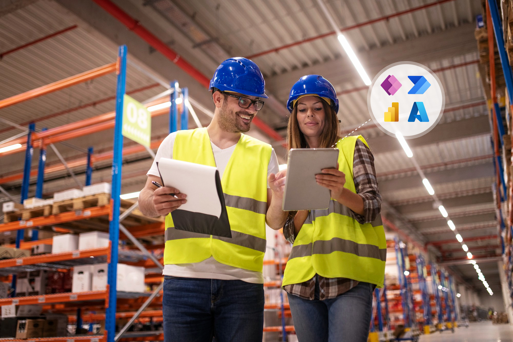 Warehouse workers analyze safety data on a tablet using Power Platform and Azure.