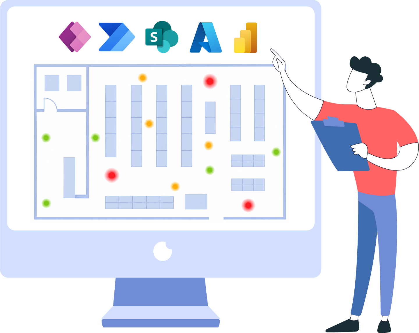Pracownik analizuje mapę ryzyka incydentów w systemie RCA i CAPA opartym na Power Platform, SharePoint, Azure i Power BI.