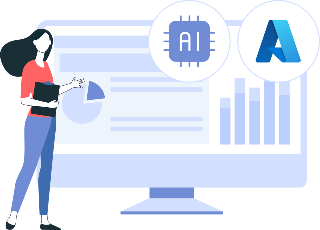An employee analyzes risk models and data using AI Builder and Microsoft Azure.