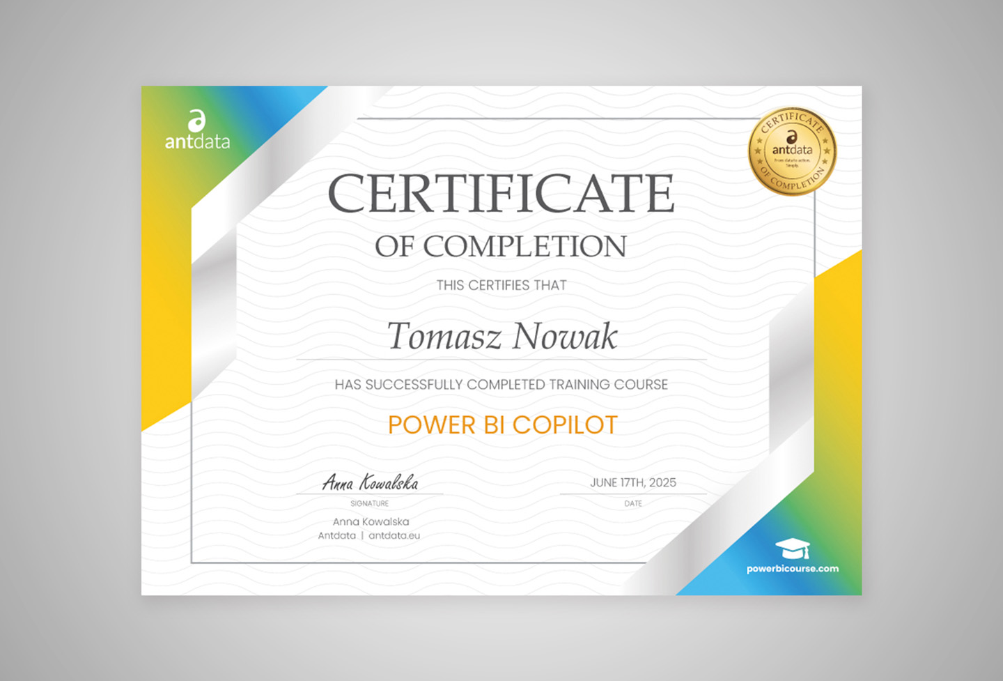 Certyfikat ukończenia szkolenia Power BI Copilot