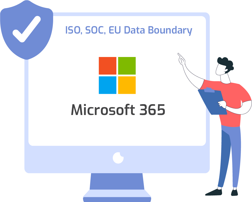Microsoft 365 z ikoną bezpieczeństwa oraz odniesieniami do ISO, SOC 2, HIPAA, GxP i GDPR