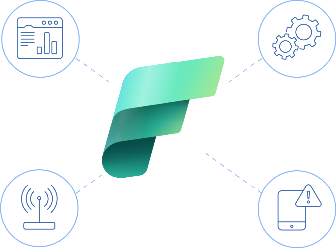 Logo Microsoft Fabric otoczone ikonami analityki danych, automatyzacji procesów, Internetu Rzeczy (IoT) i powiadomień o anomaliach.